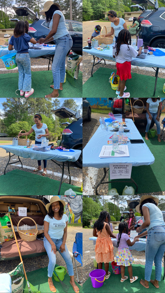 Children and families planting seeds at Blossom & Buzz Community Easter pop-up at Briarwood Arts Center in Jackson, Mississippi