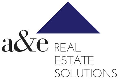 Logo for a&e Real Estate Solutions with a blue triangle on a white background
