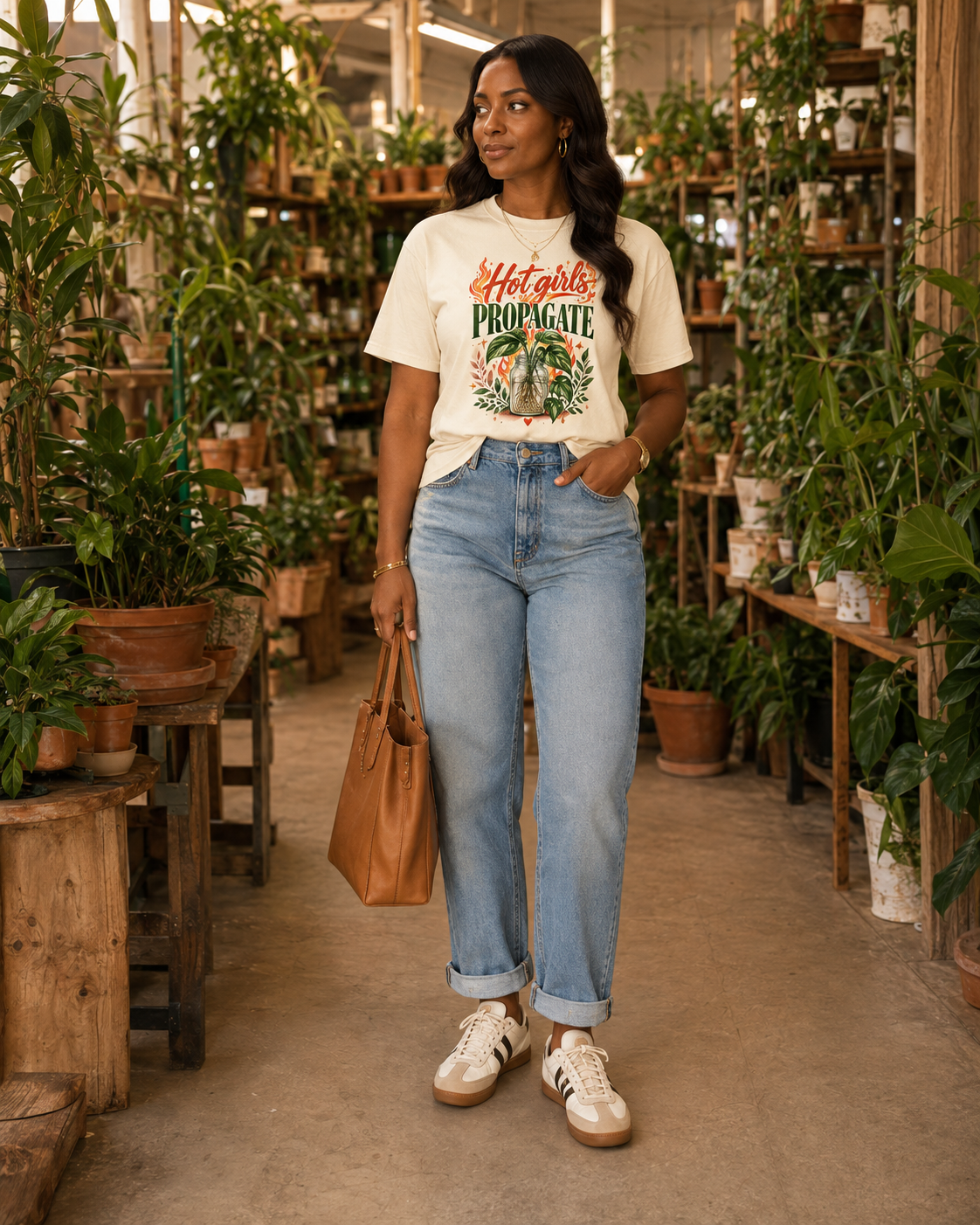 A woman stands in a plant shop wearing a cream graphic t-shirt that reads 'Hot girls PROPHAGATE' with a flamingo illustration, light-wash blue jeans, white sneakers, and carrying a tan tote bag.