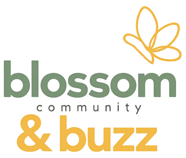 A minimalist logo design for 'blossom community & buzz' on a warm off-white background. The word 'blossom' is written in a muted sage green serif font, 'community' in small black lowercase letters below, and '& buzz' in a bold mustard yellow sans-serif font.