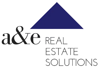Logo for a&e Real Estate Solutions with a blue triangle on a white background
